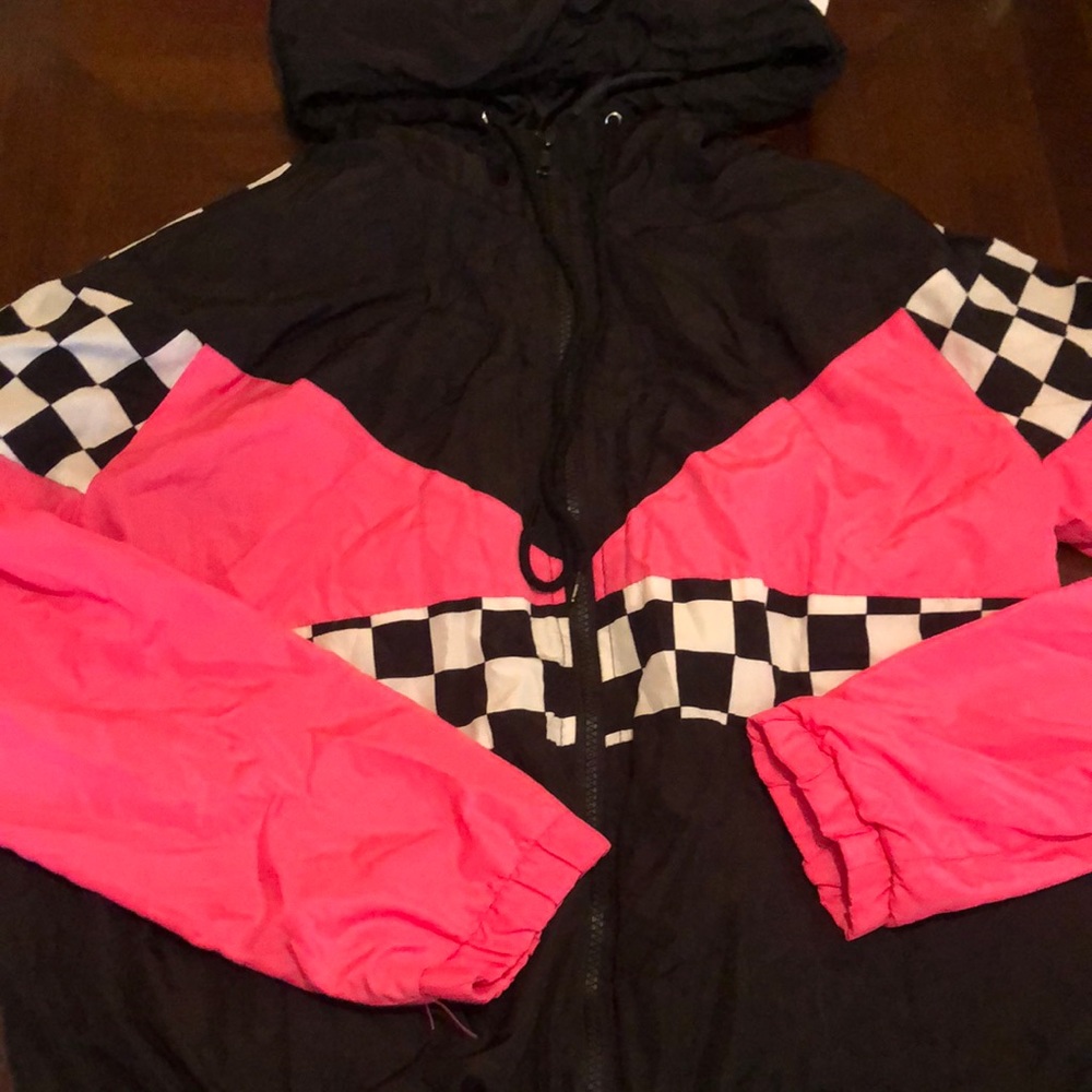 Black & pink checkerboard styled jacket/ size large